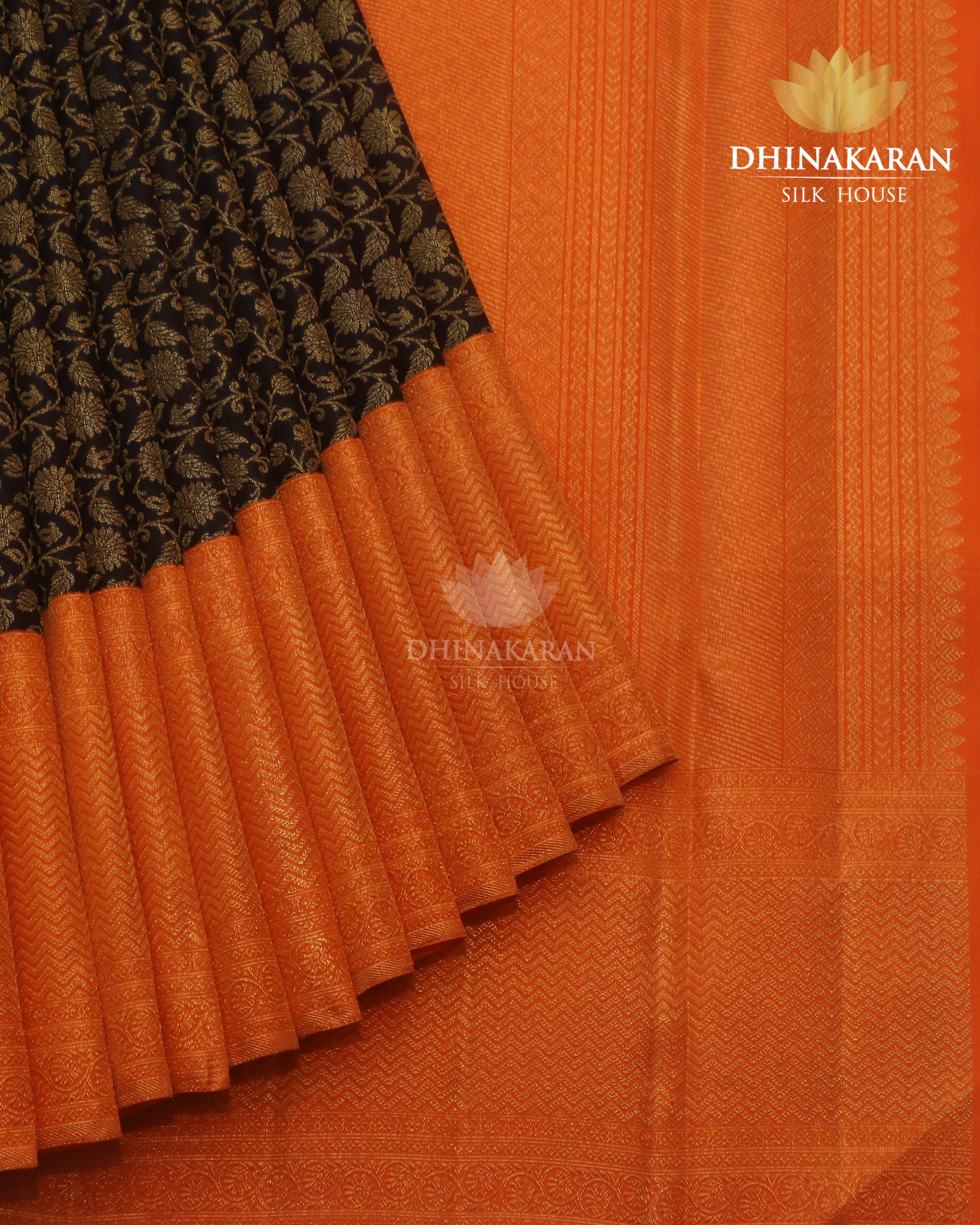 Kanjivaram Brocade In Deep Navy & Orange     - SV 23